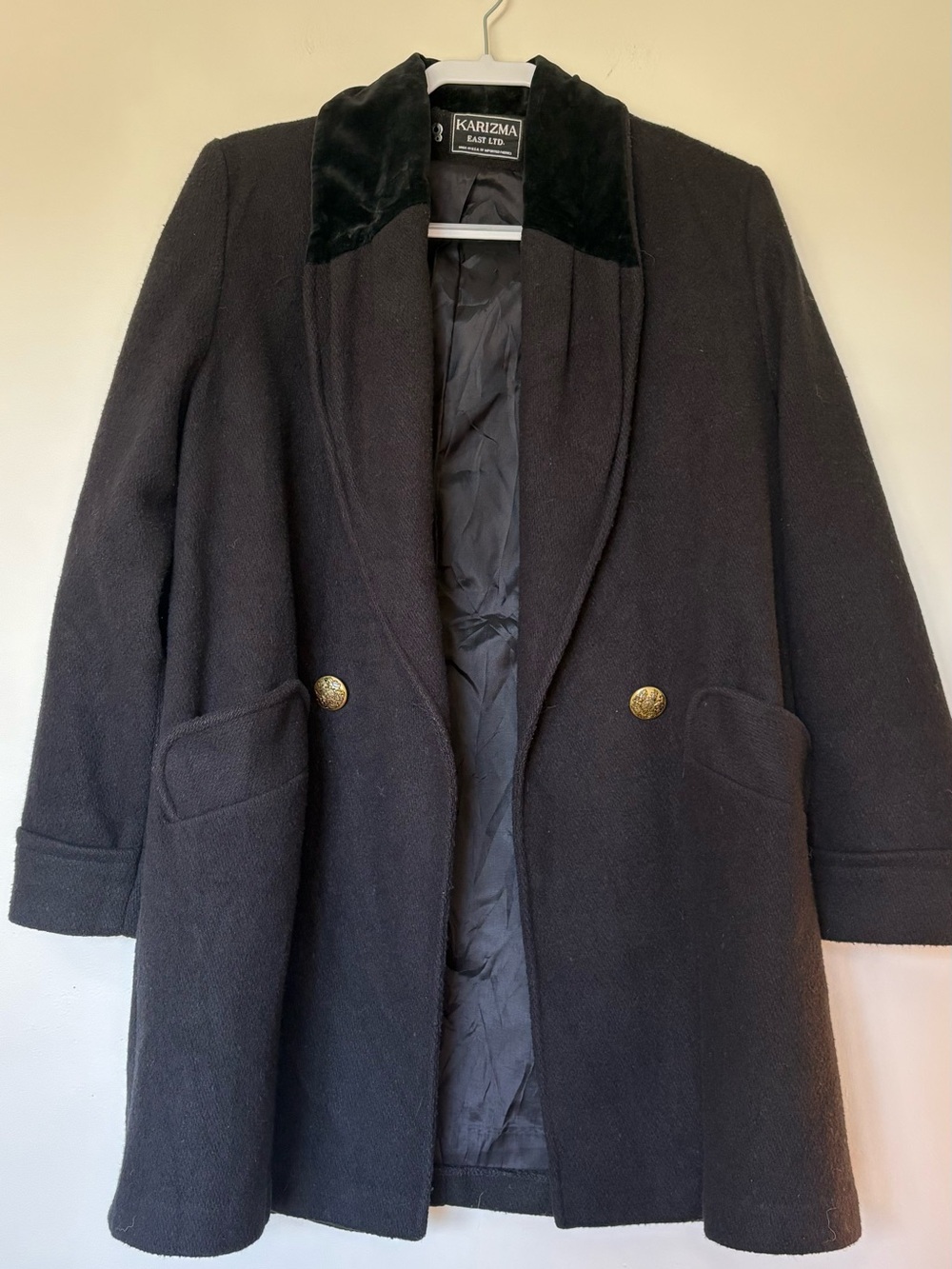 Black Wool-Blend Double-Breasted Trench Coat Gold Buttons